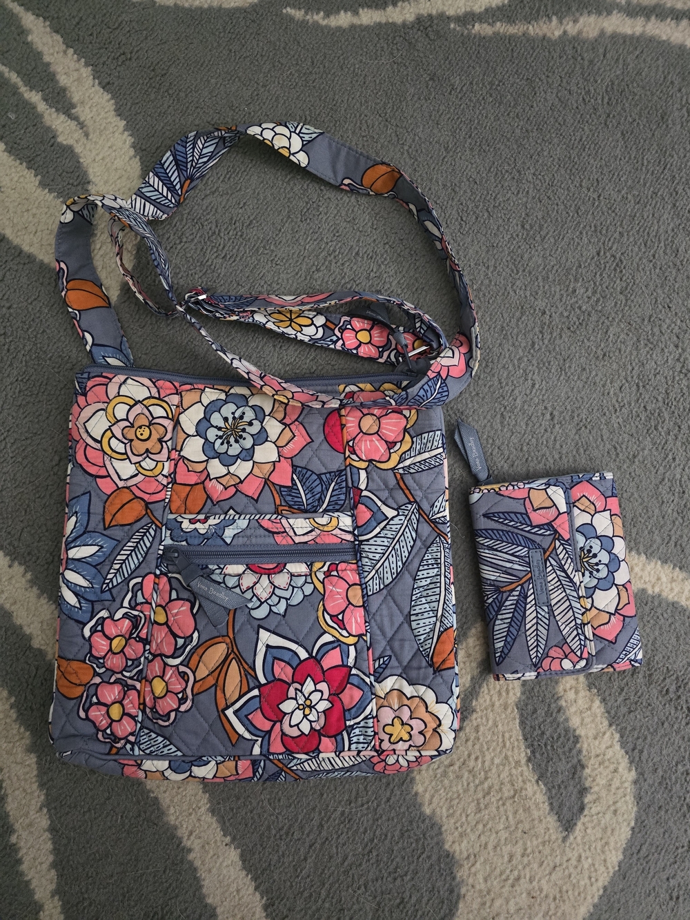 Quilted Floral Crossbody Bag in Slate Blue and Pink